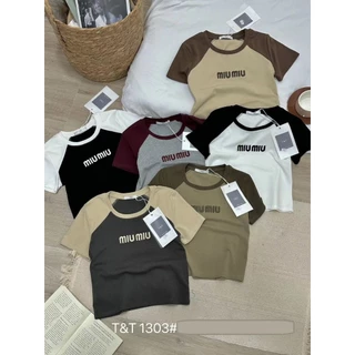 Áo thun croptop nữ tay ngắn cổ tròn pha màu thêu chữ miu miu hàng Quảng Châu chất cotton, áo phông mùa hè chất đẹp 1303