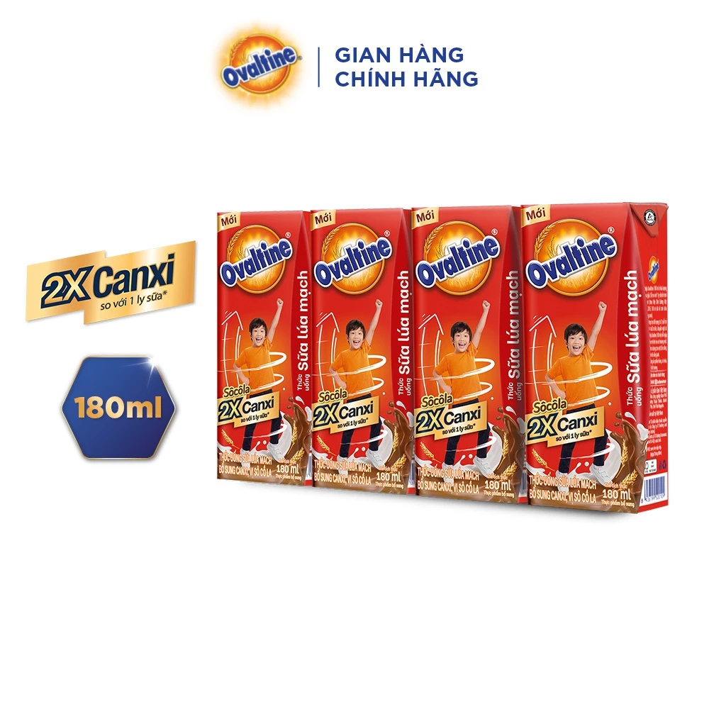 (Quà tặng không bán) Thức uống lúa mạch gấp đôi Canxi hương vị sô-cô-la Ovaltine (180ml x 4)