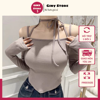 Áo Croptop Tay Dài Nữ Trễ Vai Thun Gân Kiểu Ulzzang Ôm Body Giny Store A2