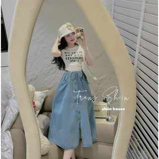 Sét váy thời trang nữ công sở mặc đi chơi áo chất cotton in chữ mix chân váy jeans cao cấp chéo nút maxi qua gối