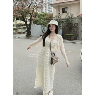 Set váy hai dây ren chiết eo kèm cardigan