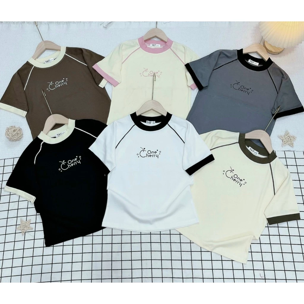 Áo Thun Baby Tee Borip phối màu sọc in chữ ONE CHERRY Hàng Quảng Châu L1 Co Dãn 4 Chiều - Dư Tú Lệ shop.