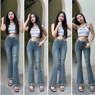 40-75kg Quần Jeans Nữ Ống Loe Dài Rách Gối Lai Tua