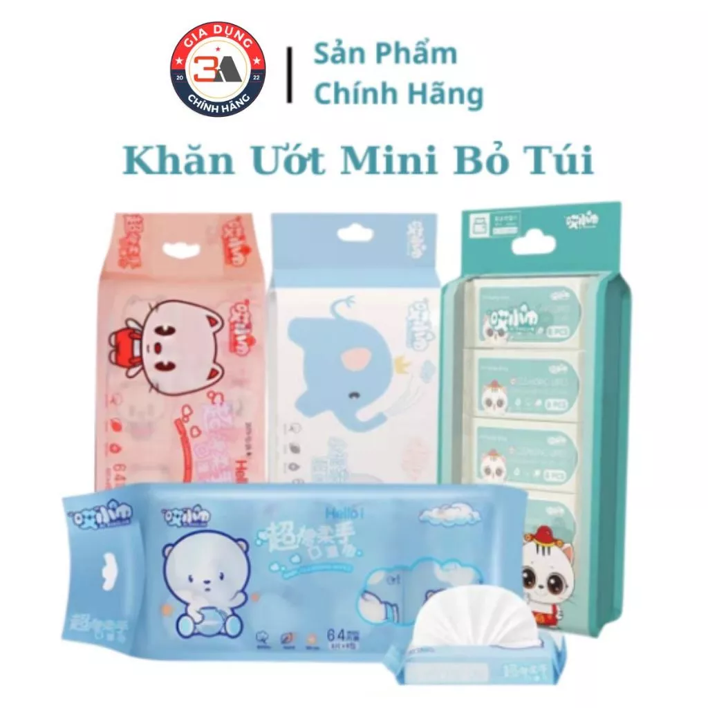 (CHÍNH HÃNG HCM)Khăn giấy ướt mini set 8 gói/ 64 tờ không mùi bỏ túi tiện lợi, khăn ướt tiện dụng cho bé