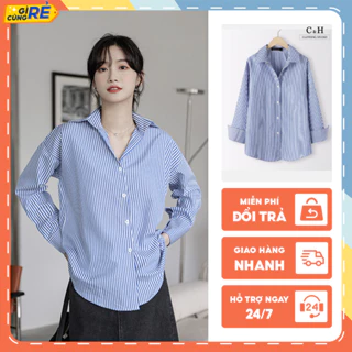 Áo sơ mi Unisex form rộng Sơ mi dài tay kẻ sọc xanh kiểu Hàn Quốc C&H Clothing