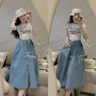 Set bộ đồ nữ áo thun cotton họa tiết chữ basic phối chân váy jeans xòe xẻ tà với tone màu nhẹ nhàng, xinh xắn