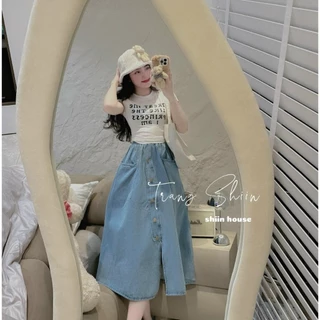 Set váy nữ mặc đi chơi - đi dạo thời trang thiết kế áo cotton in chữ váy jeans cổ tròn sát nách váy đính nút nhẹ nhàng