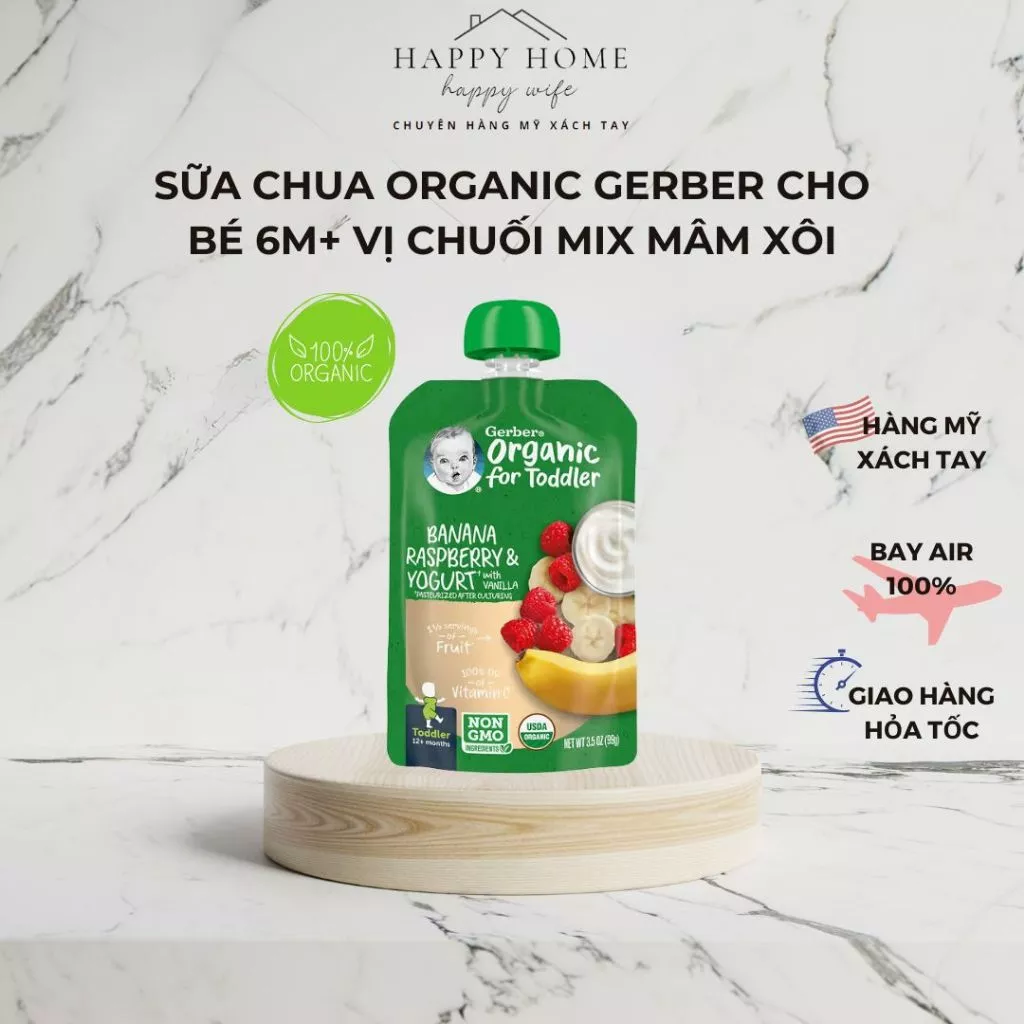 [Hàng Mỹ - Bay AIR] Sữa chua dòng Organic Gerber vị chuối mix mâm xôi của Mỹ bay AIR mới đáp mát lạnh