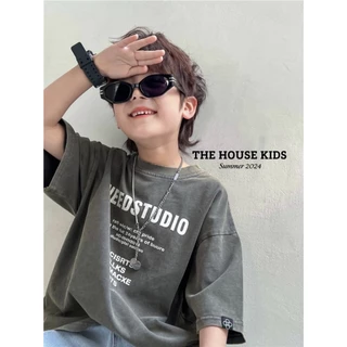 Áo Phông Bé Trai Bé Gái THE HOUSE KIDS - Áo Thun Cộc Tay Trẻ Em Màu Ghi Dáng Rộng