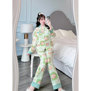 Bộ pijama bộ mặc nhà cổ phối áo tay dài quần dài chất lụa mango freesize 40-60kg Thiết Kế Chun's Sleepwear