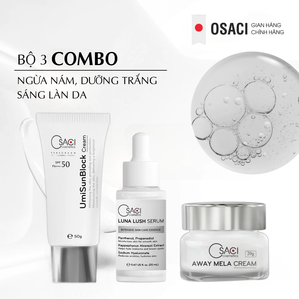 Bộ dưỡng trắng ngừa nám phục hồi da Osaci Serum Luna Lush 20ml + Kem Dưỡng 20g + Kem Chống Nắng 50g