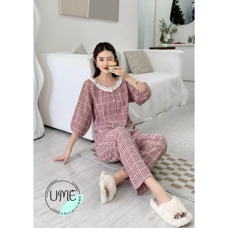 Đồ Ngủ Mặc Nhà Pijama Châu Sa Đũi Cotton Mềm Dài Tay Lỡ Tiểu Thư Cổ Ren <65kg