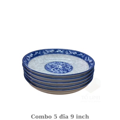 Combo bộ 5 đĩa gốm sứ hoa văn 22.5cm,bộ 5 dĩa gốm sứ 9 inch