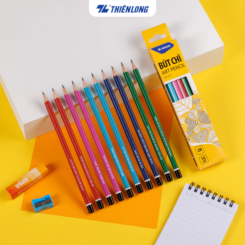 Hộp 10 cây Bút chì gỗ Thiên Long GP-01, thân lục giác, độ cứng ruột chì 2B, màu đậm, viết êm và không gãy khi chuốt nhọn