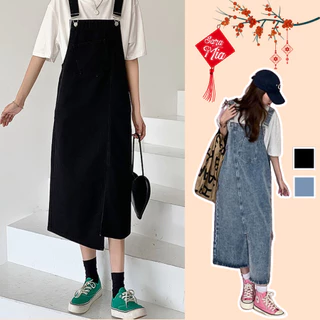 Váy yếm jean dài Saramia nữ yếm bò denim xẻ tà lệch phối túi phong cách Hàn Quốc Y2