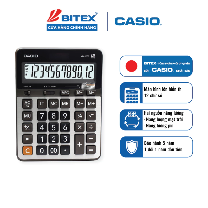 Máy Tính Để Bàn Cỡ Lớn Casio GX-120B (12 Số) Chính Hãng - Bàn Phím Rộng, Phím MU Cho Kế Toán, Cửa Hàng