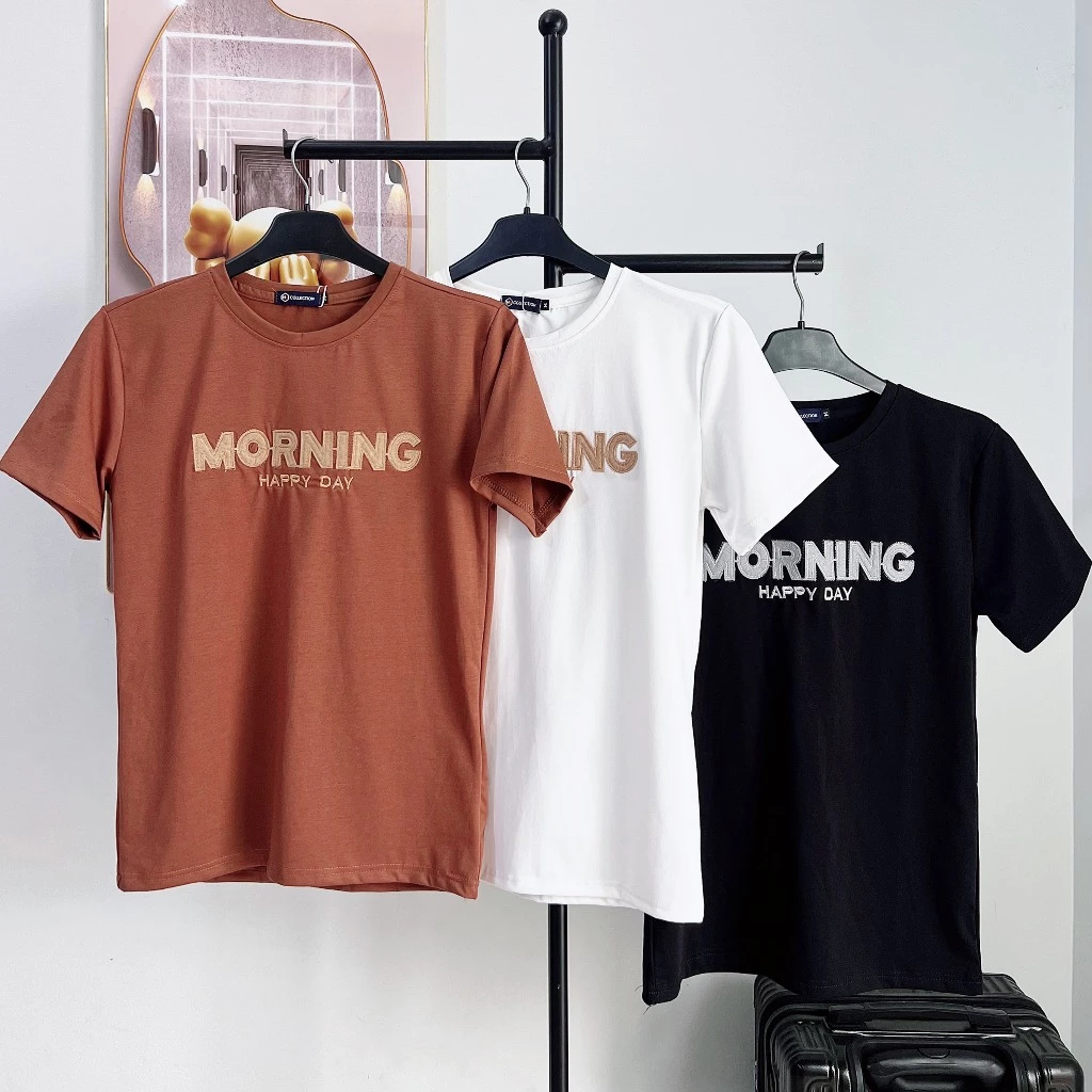 Áo thun cổ tròn, áo thun nam nữ tay ngắn thêu chữ MORNING, happy, chất vải cotton mềm mịn thoáng mát, áo hottrend