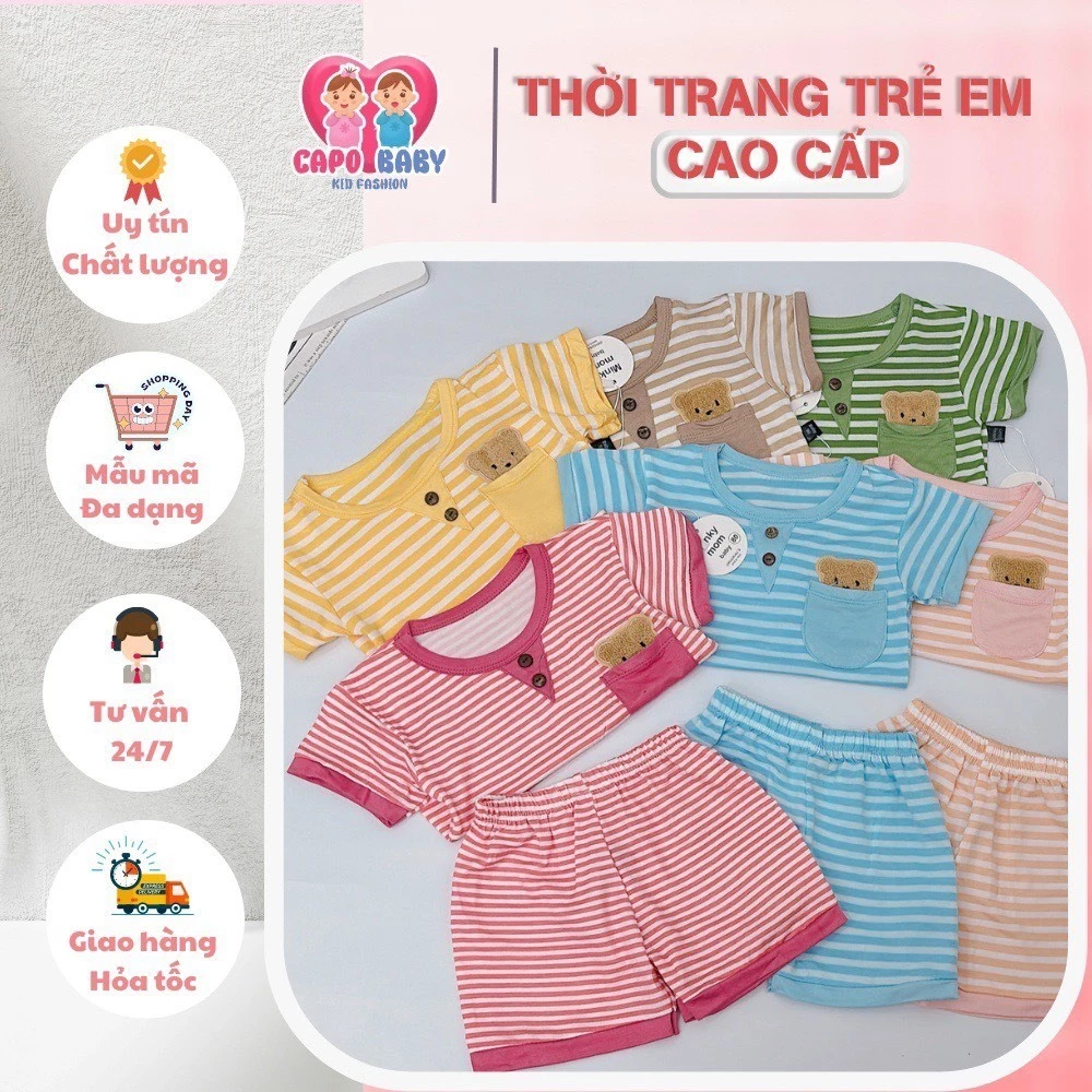 Bộ thun lạnh kẻ có túi gấu trước ngực cho bé trai, bé gái 7-16kg [SH23]