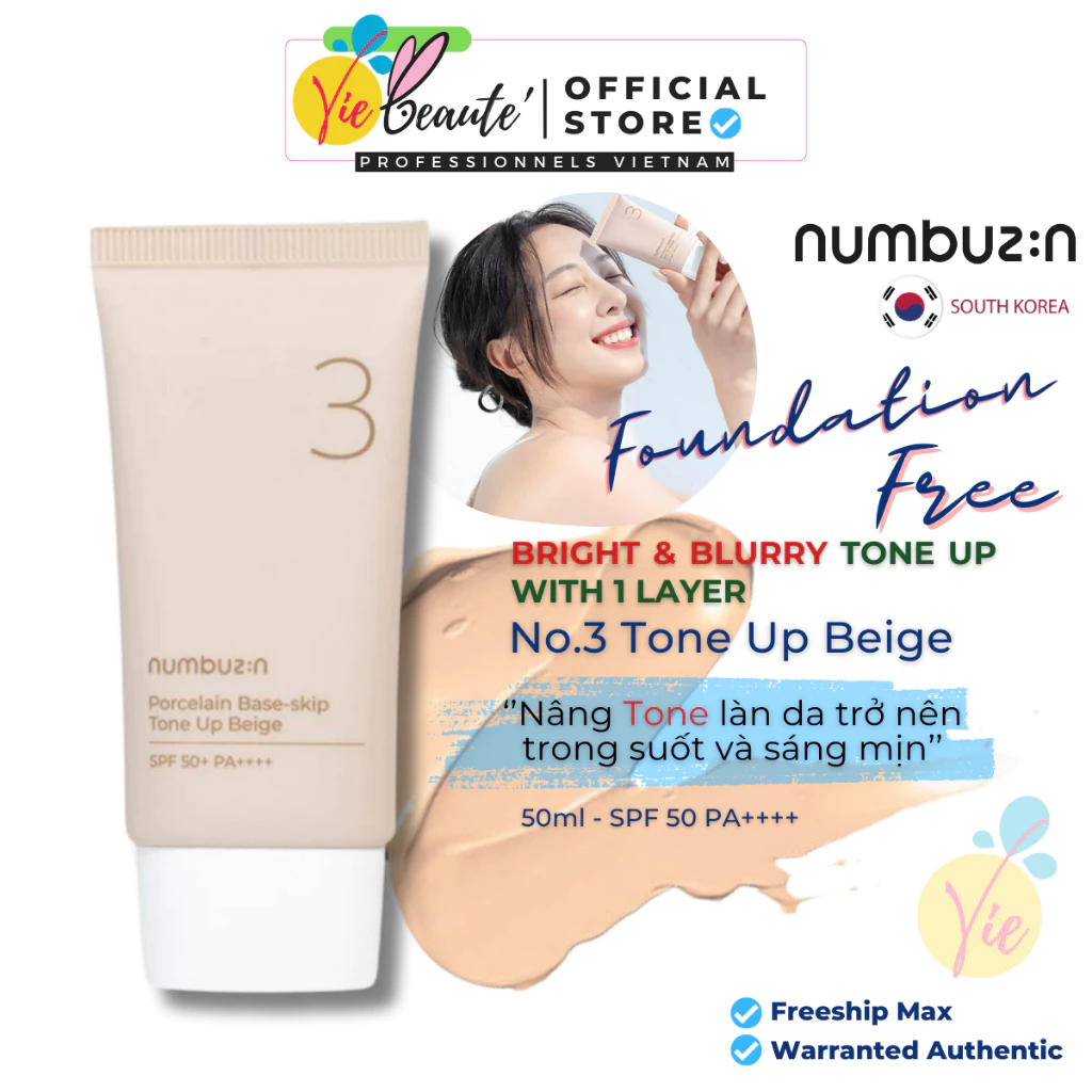 Kem Chống Nắng Nâng Tone Da Numbuzin Porcelain Base Skip Tone Up Beige No.3 50ml