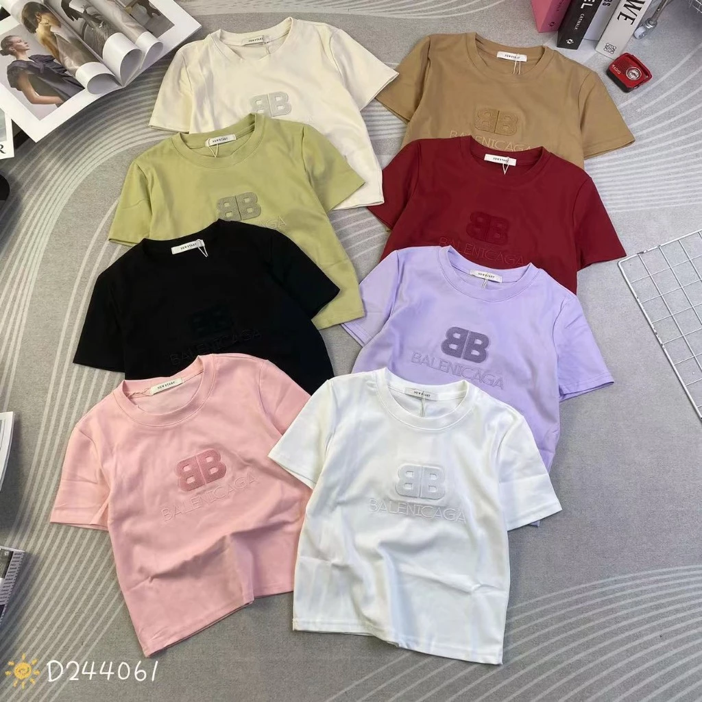 Áo thun croptop nữ tay ngắn cổ tròn thêu chữ BB chìm hàng Quảng Châu chất cotton, áo phông baby tee mùa hè 244061