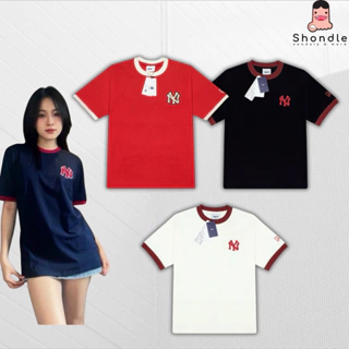 Áo Thun Nam Nữ MLB Logo NY Thêu Xù Phối Cổ Đỏ SS2024 Form Rộng Tay Lỡ Unisex