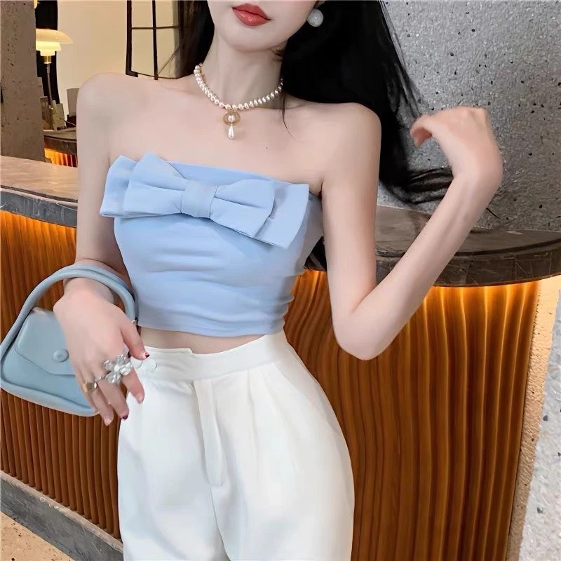 Áo ống thun đính nơ fom dáng croptop