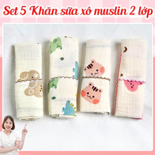 Khăn sữa Xô muslin 2 lớp Set 5 khăn cho bé mềm mịn, thấm hút tốt (30x30 cm)