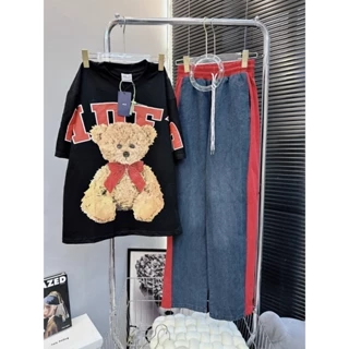 Set jeans bigsize NỮ set jeans nơ gấu đỏ fom rộng quần ống suông 60-100kg Thảo minhon