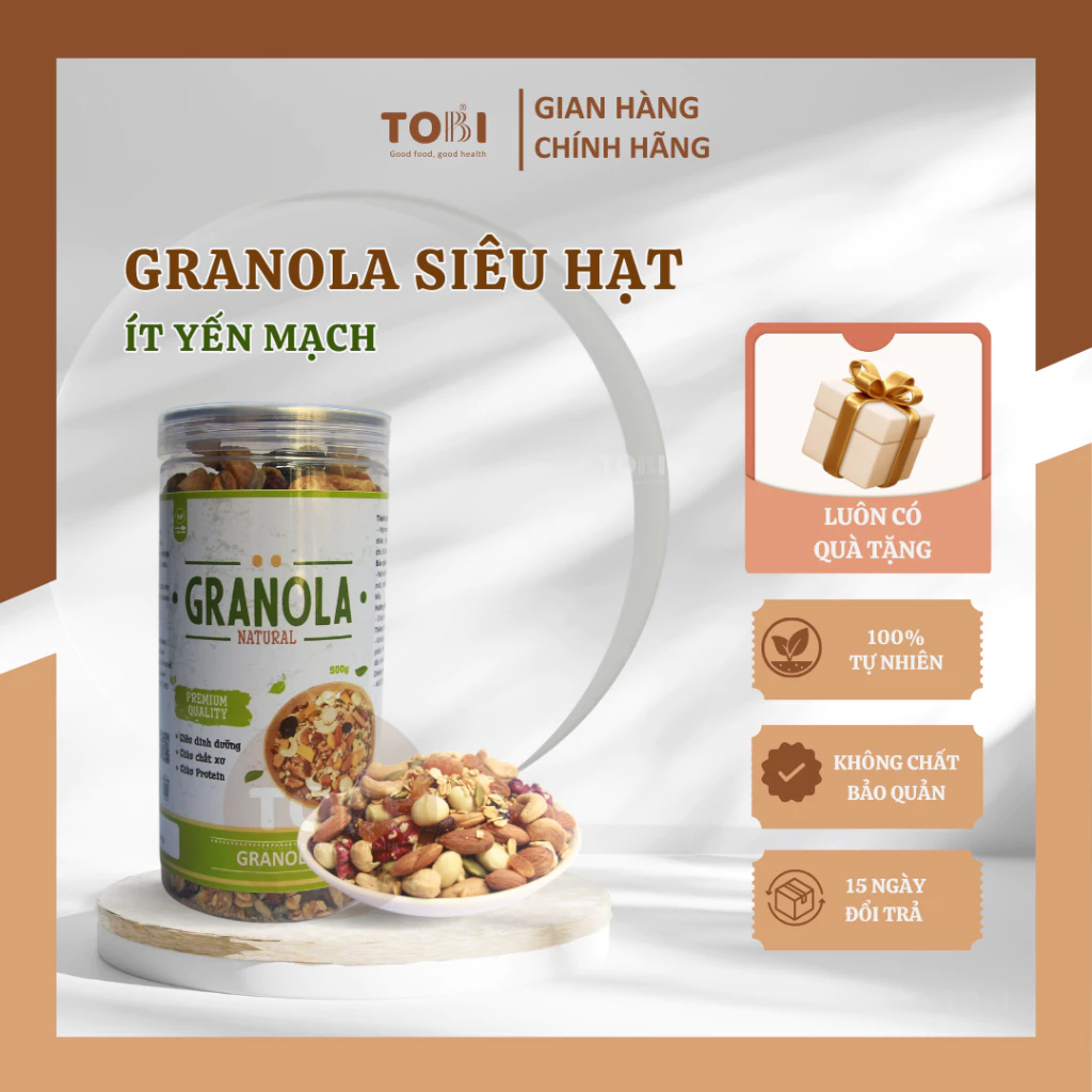 Granola Tobi Nuts siêu hạt dinh dưỡng, ít yến mạch 500g, tẩm vị mật ong, chuẩn eat clean, ăn kiêng