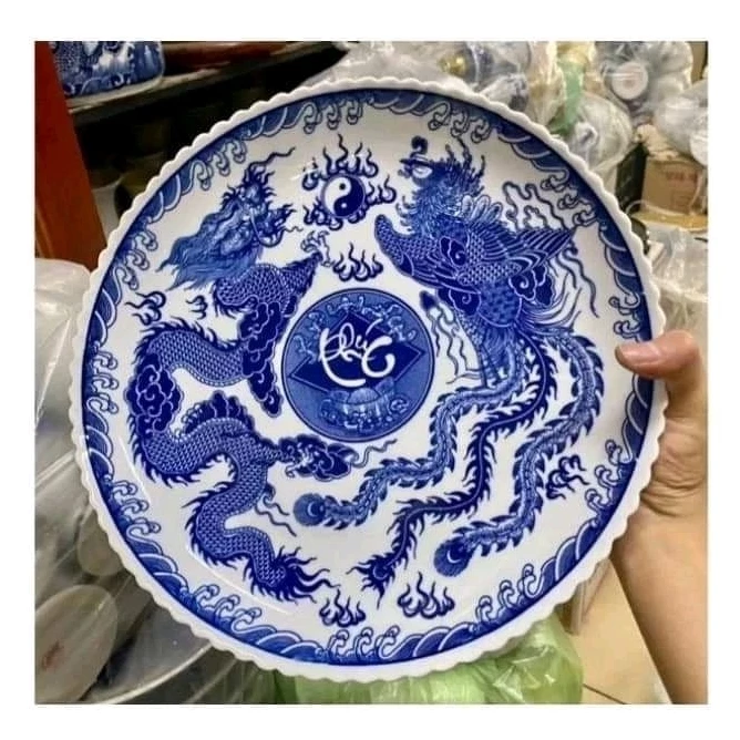 Đĩa sứ rồng xanh đựng trái cây thờ cúng