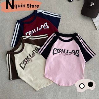 Áo croptop nữ ngắn tay cổ tròn phối màu nổi bật in hoạ tiết dáng vạt bầu cực tôn eo Nquin Store