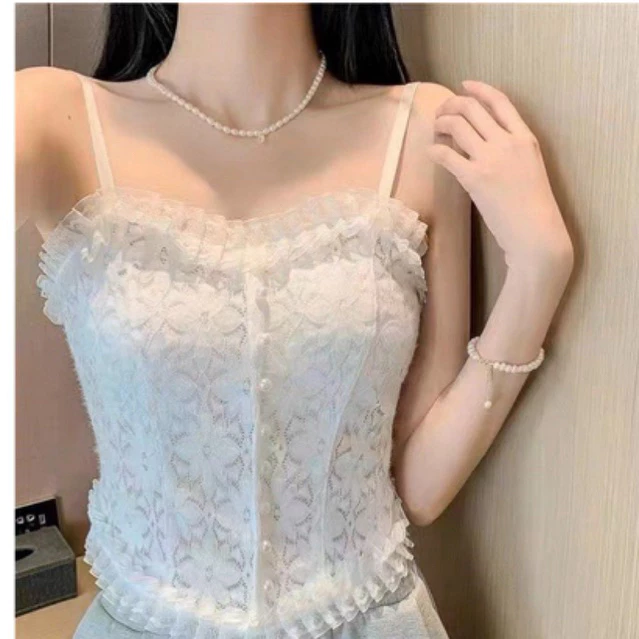 Áo bra ren hoa nhí đính khuy, Áo hai dây mẫu mới croptop mã 3026 (ảnh thật)