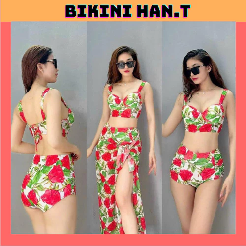 BIKINI.ĐỒ BƠI ĐI BIỂN,BA MẢNH IN HOA MỚI SANG CHẢNH ,HOA ĐỎ, HAN.T SHOP BKN44
