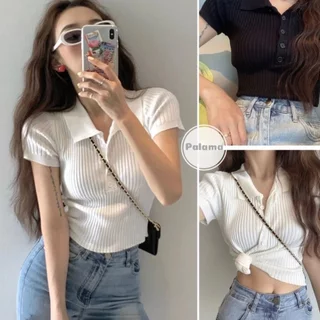 Áo croptop dệt kim tay ngắn có cổ,áo thun ngắn tay polo 5 cúc dáng ôm kiểu dáng body cực tôn dáng