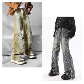 LUAstu Quần jean nam ống rộng ULZZANG may viền dập nổi loang màu STREETWEAR Quần jeans nam HOT TREND 2024