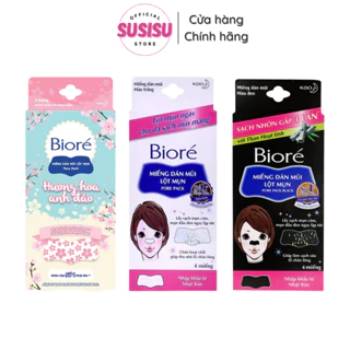 Miếng dán lột mụn mũi​ BIORE‪ Pore Pack (4 Miếng) /Miếng dán mũi‪ lột mụn than hoạt‎ tính / Hương hoa anh đào / Không mù