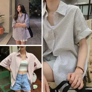 Áo sơ mi nữ form rộng tay ngắn oversize kẻ sọc Hàn Quốc nhiều màu Ulzzang siêu đẹp