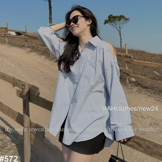 Áo sơ mi kẻ hở vai dáng rộng , dài oversize 168.fashion Somikehovai572/P6K2