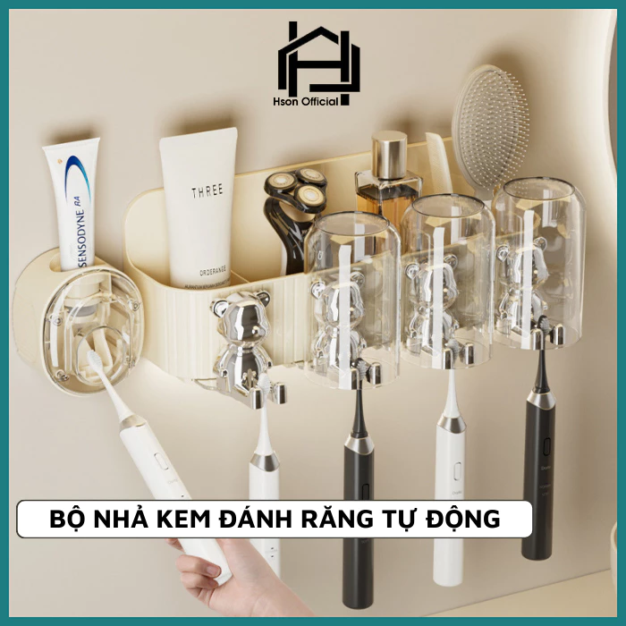 Bộ nhả kem đánh răng HSON tự động, Kệ đựng bàn chải đánh răng kèm cốc dán tường nhà tắm tiện lợi