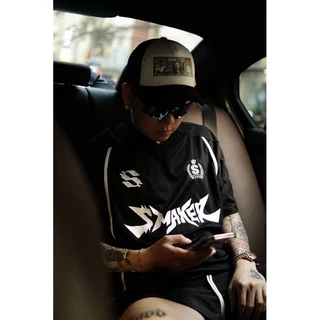 [SMAKER] Áo thun đá banh lưới   nam nữ Unisex form rộng tay lỡ, local brand chính hãng-HUSTLER CLUB JERSEY IN BLACK