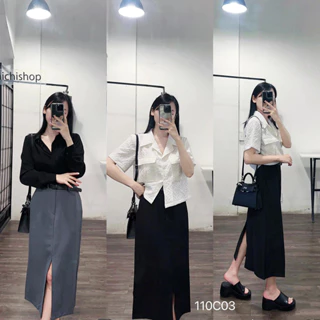 Chân váy midi xẻ trước sau kèm belt MICHISHOP - 110C03