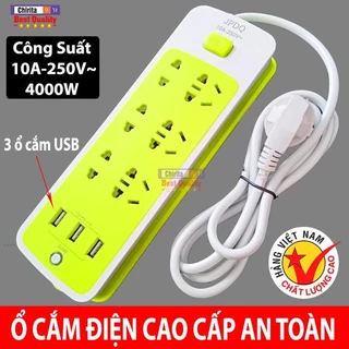 Ổ Cắm Điện Xanh USB Đa Năng Cao Cấp Chống Giật Dây Dài, 6 phích cắm 3 Cổng USB Công Suất 2500W Có Chốt An Toàn