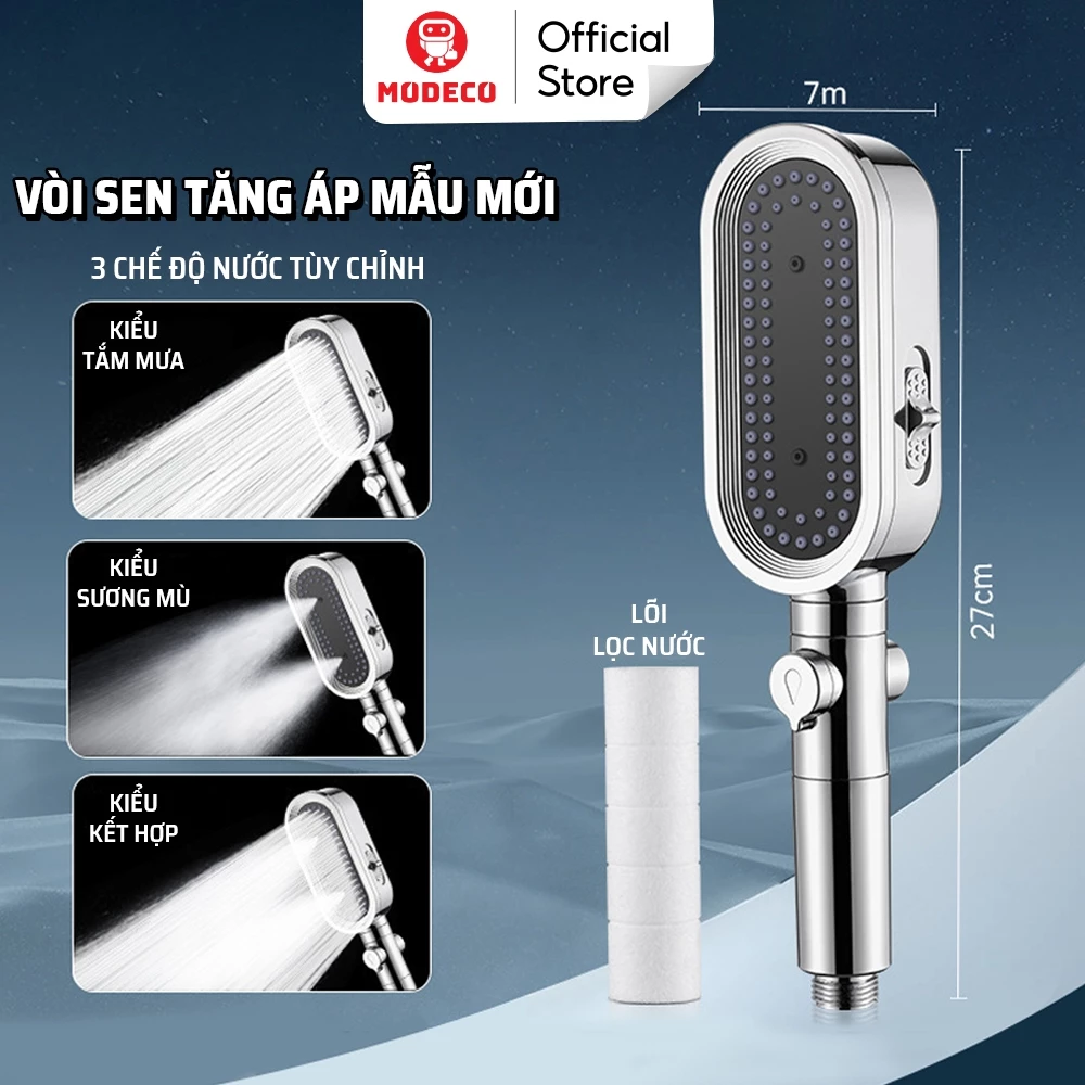 Vòi Sen Tăng Áp Cao Cấp Modeco - Vòi Tăng Áp Mạnh 3 Chế Độ Tùy Chỉnh, Có Lõi Lọc Nước An Toàn Cho Da, Hàng Loại 1