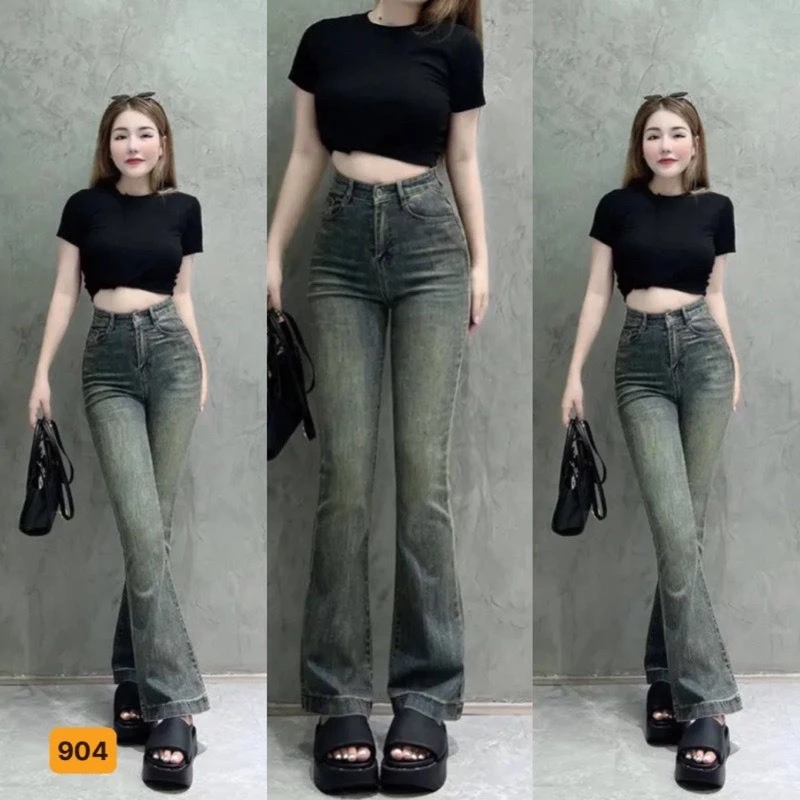 Quần jean nữ màu xanh rêu ống loe lưng cao tôn dáng , quần nữ ống loe cực đẹp 2 màu FASHION 24h M904