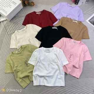 Áo thun croptop nữ tay ngắn cổ tròn thêu chữ y.s.l chìm hàng Quảng Châu chất cotton, áo phông baby tee mùa hè 244062