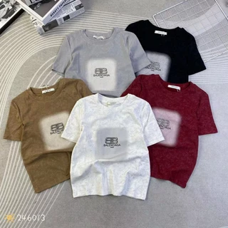 Áo thun nữ tay ngắn cổ tròn muối tiêu in chữ cườm BB hàng Quảng Châu chất cotton, áo phông baby tee mùa hè 246013