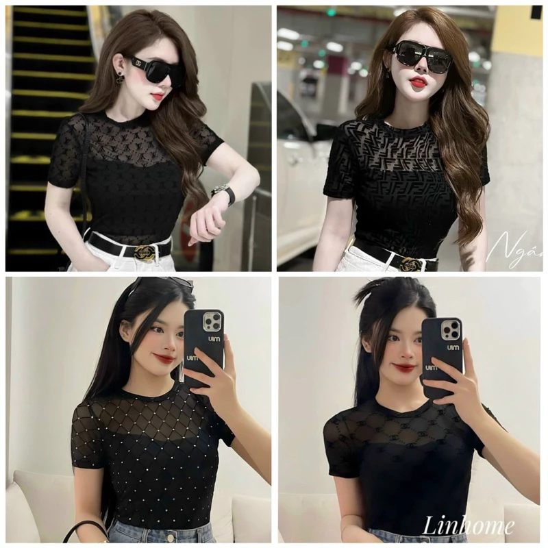 Áo Lưới Tay Cộc phối chữ Sexy-Áo Lưới hai Lớp Hoạ Tiết New thời trang trend 2024