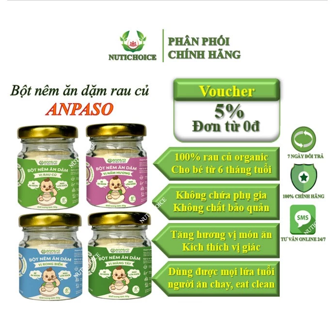 Set 3 lọ bột nêm ăn dặm cho bé từ 6 tháng Anpaso 100% rau củ organic, không phụ gia chất bảo quản, ăn chay, eat clean