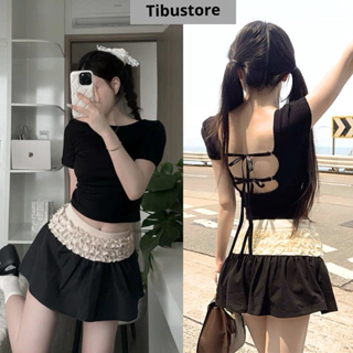 Set Áo Croptop Hở Lưng Đan Dây Phối Chân Váy Xoè Viền Bèo TIBU Set Đồ Nữ Đen Trắng Sang Chảnh Đi Biển Chơi Đơn Giản