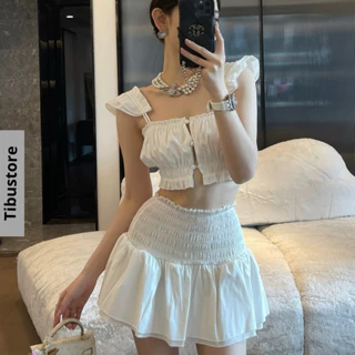 Set Áo Croptop Cánh Tiên Đính Nút Phối Chân Váy Nhún Eo Xoè TIBU Set Đồ Nữ Sang Chảnh Hở Lưng Màu Trắng Đi Chơi biển